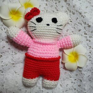 New Handmade Amigurumi Crochet Girlie Hello Kitty Pink Outfit Stuffed Animal Toy